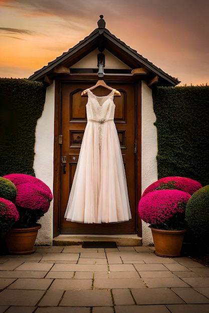 Vestido de novia colgado en una puerta en el jardín al atardecer