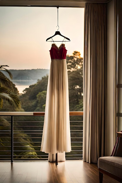 Un vestido de novia cuelga de una ventana con vista al mar y al atardecer