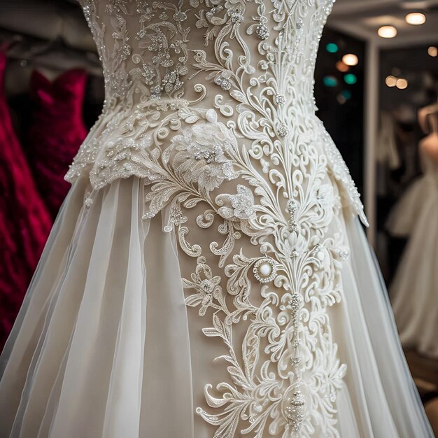 Un vestido de novia se exhibe en una tienda con un maniquí al fondo.