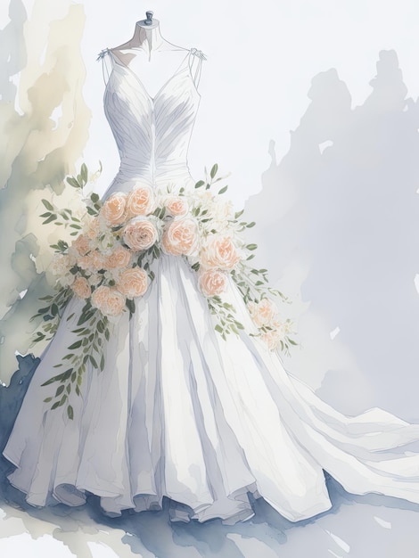 Vestido de novia y flores de novia con espacio de copia ai generativo.