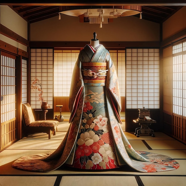 Vestido de novia japonés Kimono en un entorno tranquilo