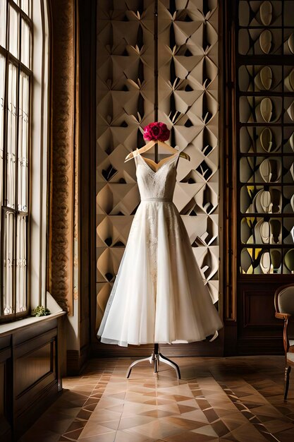 El vestido de novia se muestra en una habitación junto a la ventana.