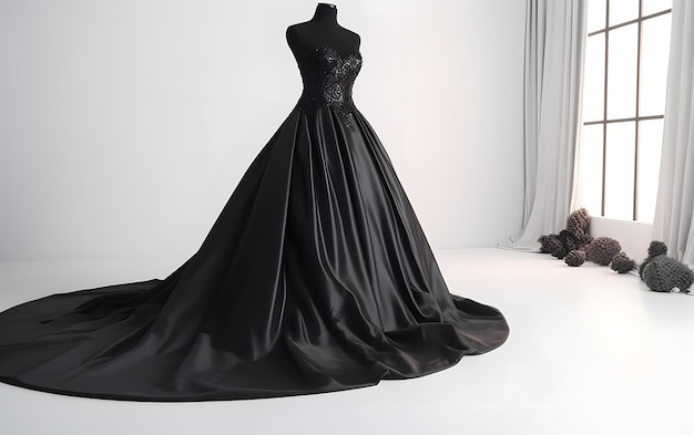 Un vestido de novia negro sobre un fondo blanco.