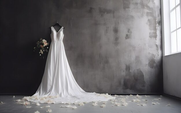 Un vestido de novia en una percha con una flor