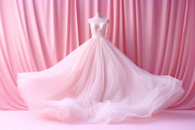 Un vestido de novia rosa en un maniquí frente a una cortina rosa