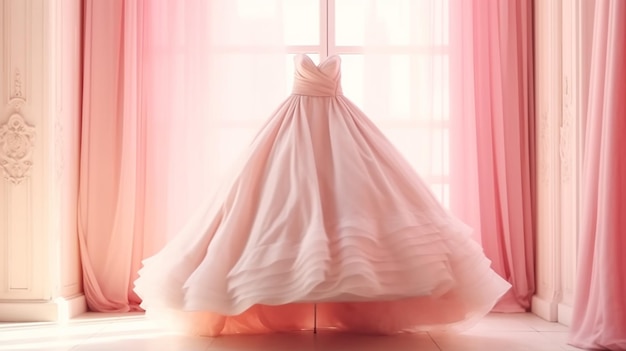 vestido de novia rosa de primer plano en la sala de salón nupcial