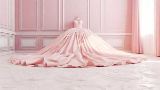 vestido de novia rosa de primer plano en la sala de salón nupcial