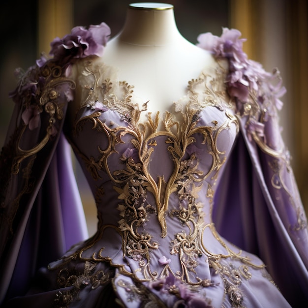 Foto vestido púrpura con bordado dorado y flores en un maniquí generativo ai