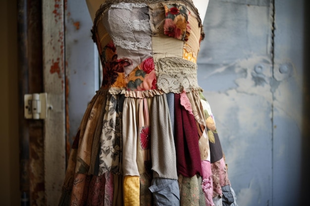 Foto vestido reciclado con mezcla de estilos de telas y texturas creadas con ai generativo