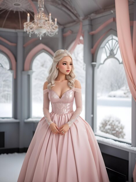 Foto vestido de reina de las nieves en rosa rubor sutil