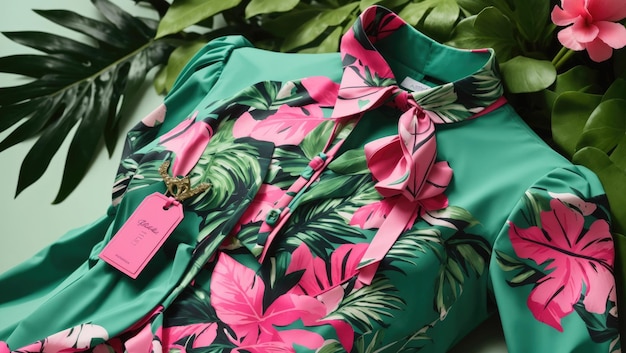 Vestido rosa de elegancia tropical con vegetación y etiqueta llamativa