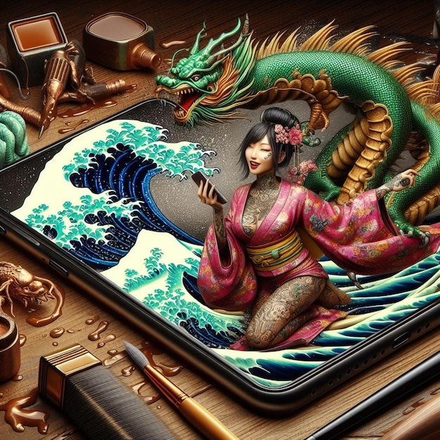 vestido tradicional de mujer silueta de la ciudad puesta de sol dragón chino año fuera pantalla de teléfono móvil en el escritorio