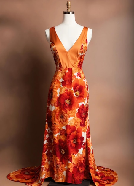 El vestido de verano naranja de moda de la noche en un maniquí ai generativo ai generativo