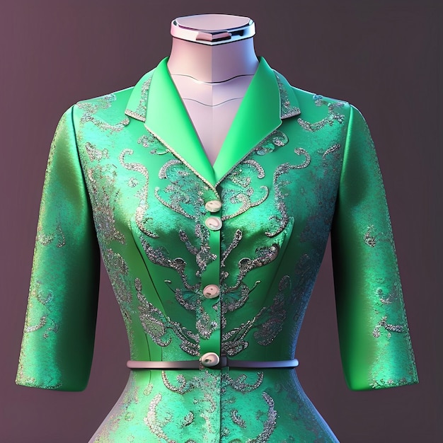 Un vestido verde con adornos plateados y un ribete plateado.