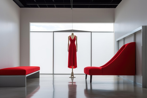 Vestido vermelho em cabide em meio a design de loja minimalista criado com IA generativa