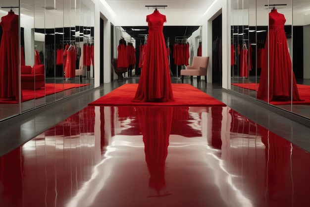 Foto vestido vermelho refletindo em um piso de boutique polido criado com ia generativa