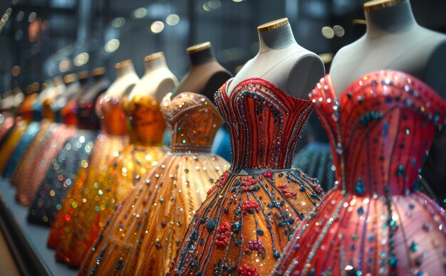 vestidos de salão de baile coloridos em manequins mercadorias de marca em exposição nas lojas