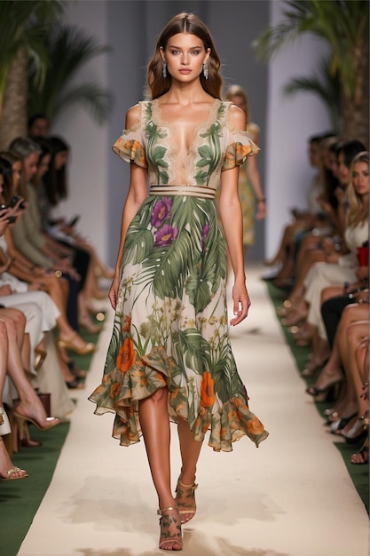 Vestidos de día cortos de alta costura con mangas cortas paneles de encaje ruffles cuello de palma hoja floral