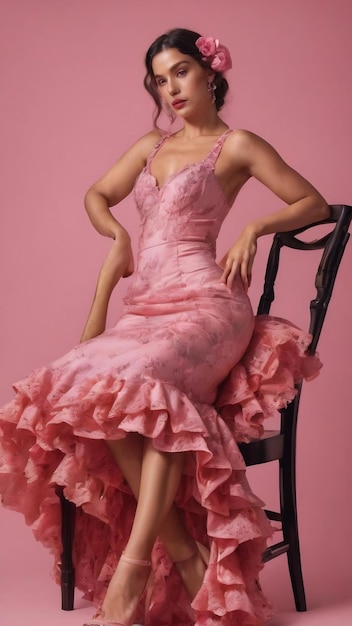 Vestidos de flamenco en silla con fondo rosa