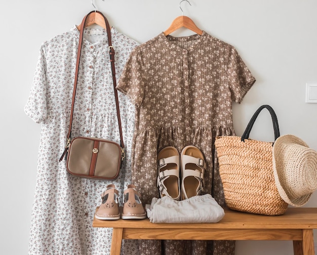 Vestidos de lino de mujer en bolsos de estilo rústico zapatos para la temporada de verano en el interior.