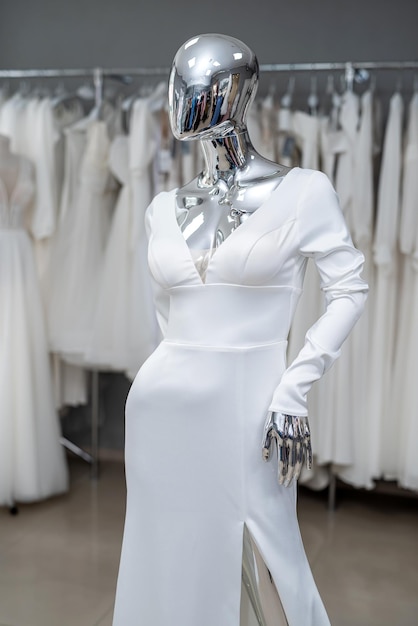 Foto vestidos de novia en exhibición en la sala de exposición de la tienda nupcial moderna