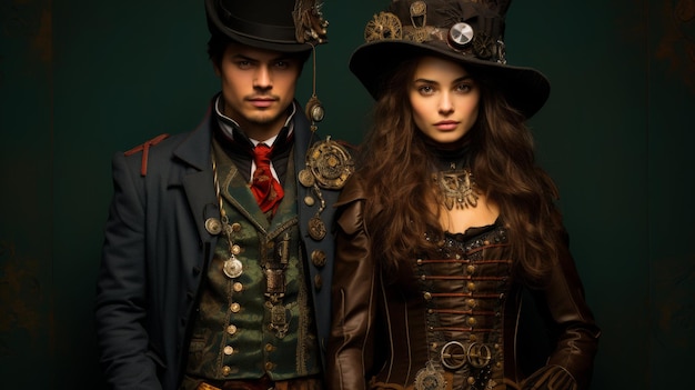 Vestidos con temática steampunk que combinan elementos victorianos e industriales frente a un fondo de color sólido