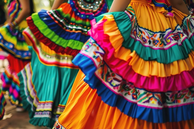 Vestidos tradicionais vibrantes balançam durante uma dança cultural