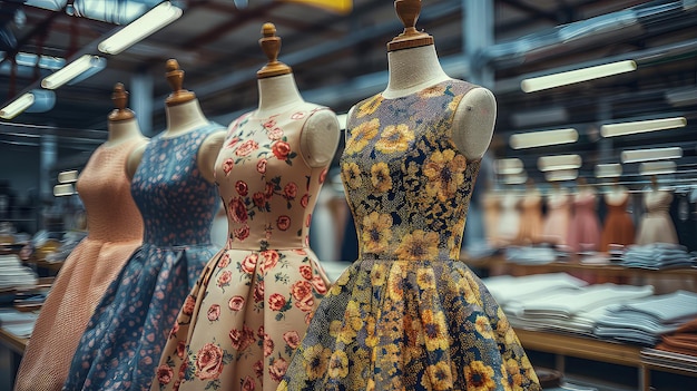 Vestidos de la última colección en maniquíes en un taller moderno