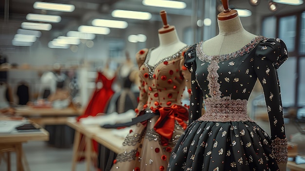 Vestidos de la última colección en maniquíes en un taller moderno