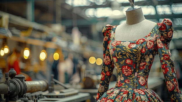 Vestidos de la última colección en maniquíes en un taller moderno