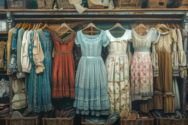 Vestidos vintage exibidos em prateleiras de madeira em lojas de antiguidades