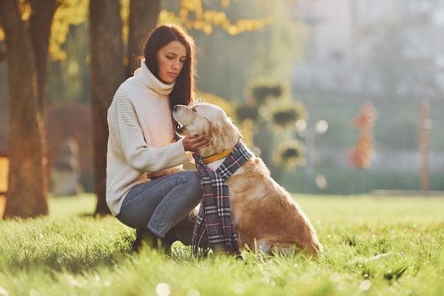 Vestindo o lenço A jovem caminha com o Golden Retriever no parque