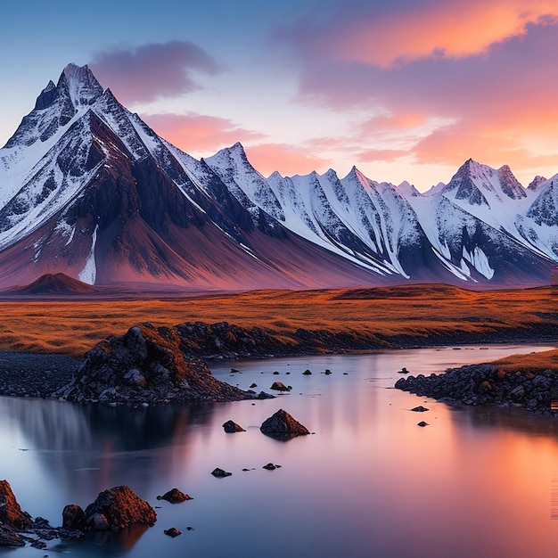 Vestrahorn-Berge bei Sonnenuntergang in Stokksnes, generiert von KI