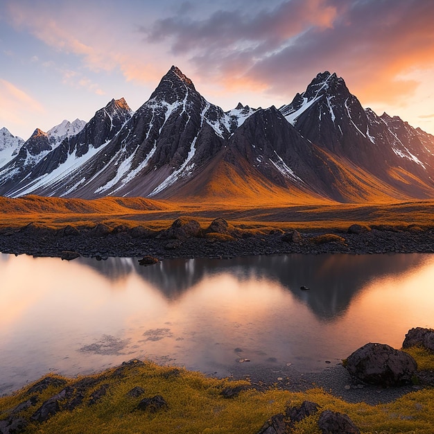 Vestrahorn-Berge bei Sonnenuntergang in Stokksnes, generiert von KI