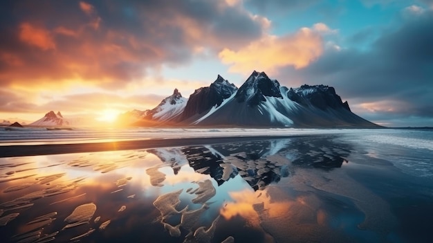 Vestrahorn mountaine na capa de Stokksnes na Islândia durante o pôr do sol Incrível paisagem natural da Islândia atração turística popular Melhores locais de viagem famosos Imagem panorâmica da Islândia