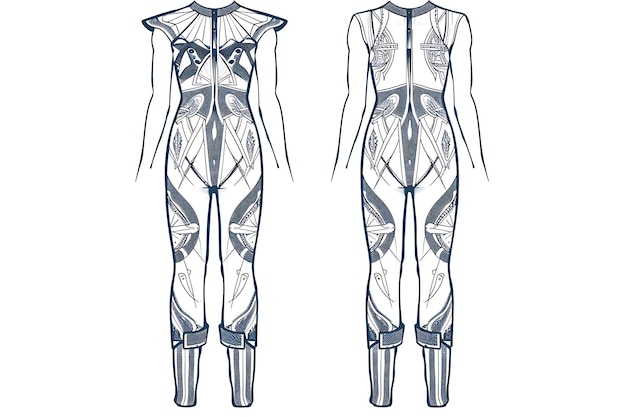 Foto vestuário 2d jumpsuit com padrões de arquitetura art deco wrappin conceito de moda ideia design de arte