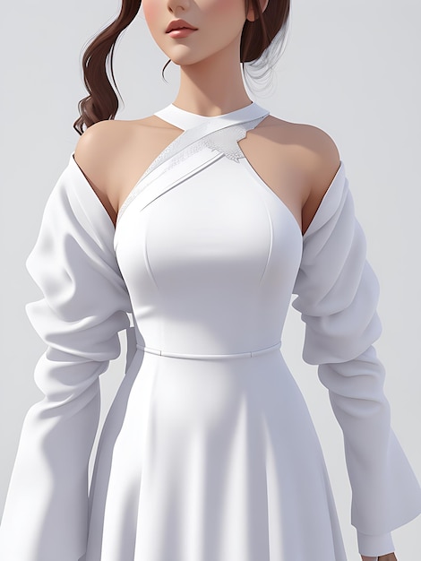 Vestuário branco 3D sem nenhum desenho. Mancha cheia e parte inferior do vestido deve ser reta.