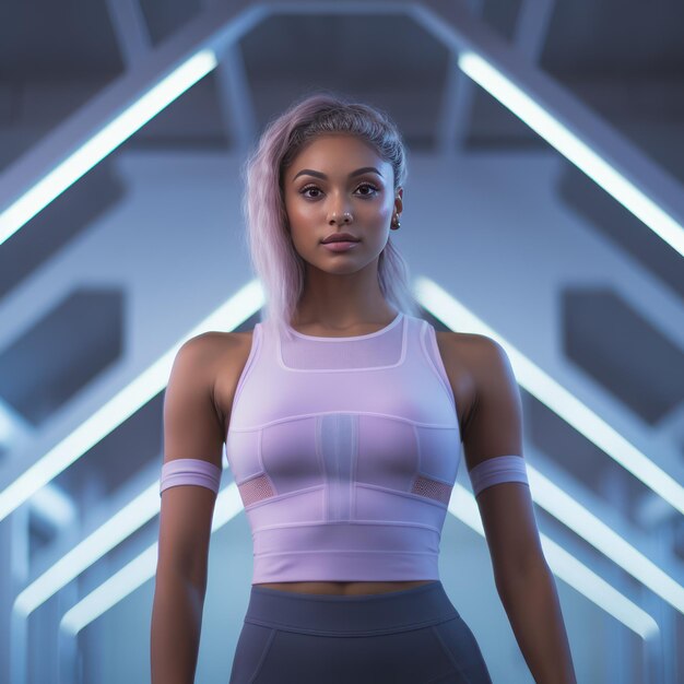 Foto vestuário de ginástica futurista para mulheres fortes spandex foto-realista em cores pastel