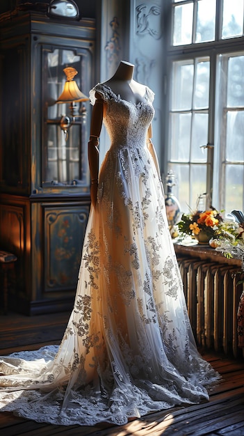 Vestuário de noiva de luxo num manequim no atelier