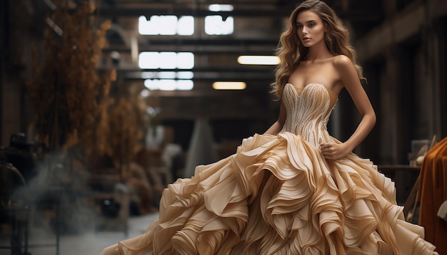 Vestuário de noiva inspirado na alta costura em conceito de moda ocre