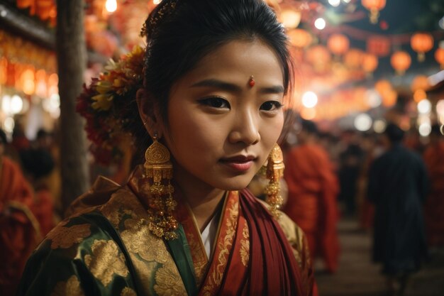 Foto vestuário tradicional da mulher no santuário chinês acender velas joss stick rezar no templo