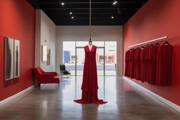 Vestuário vermelho em um gancho em meio a um design de loja minimalista criado com IA generativa