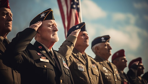 Foto veteranen in formation salutieren am veteranentag die amerikanische flagge im stockbild