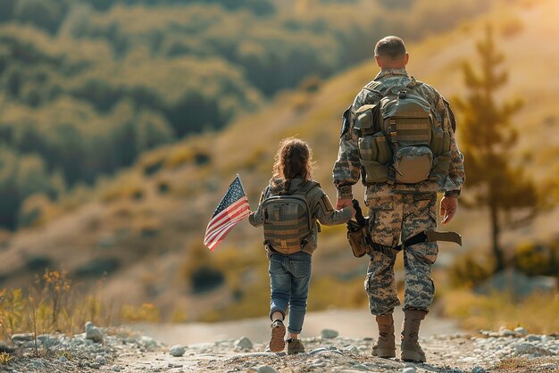 Foto veterano e filha caminhando orgulhosamente com a bandeira