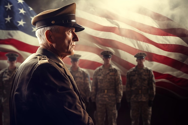 Veterano del ejército de Estados Unidos saludando la bandera estadounidense en el Día de los Veteranos.