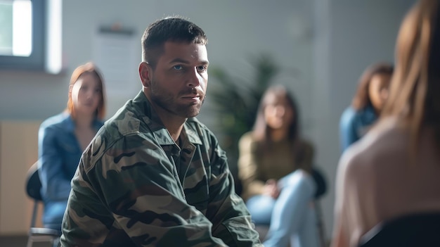 Veterano masculino sentado en círculo durante una sesión de terapia de grupo de TEPT Concepto de apoyo emocional