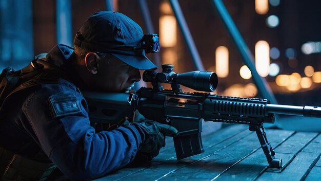 veterano militar con rifle de francotirador de la noche