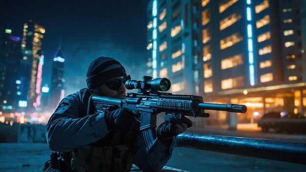 Foto veterano militar con rifle de francotirador de la noche