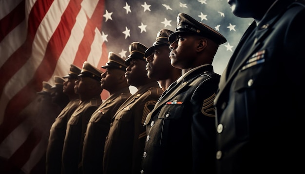 Foto veteranos em formação saúdam a bandeira americana no dia dos veteranos em imagem de stock