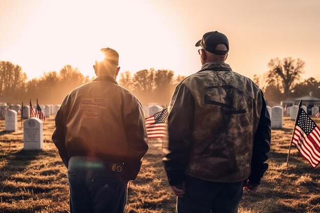 Foto los veteranos se encuentran cerca de las tumbas de los héroes estadounidenses